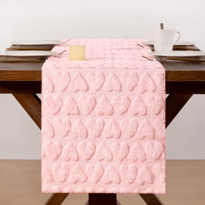 Socomi Pink Heart Valentine's Day Romantic Plush Faux Fur Jacquard Table Runner for Holiday Kitchen Dining Table Decoration Home Party Decor 13x72 Inch - Image 2
