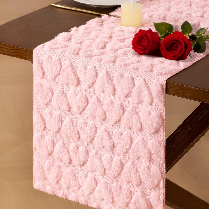 Socomi Pink Heart Valentine's Day Romantic Plush Faux Fur Jacquard Table Runner for Holiday Kitchen Dining Table Decoration Home Party Decor 13x72 Inch - Image 1