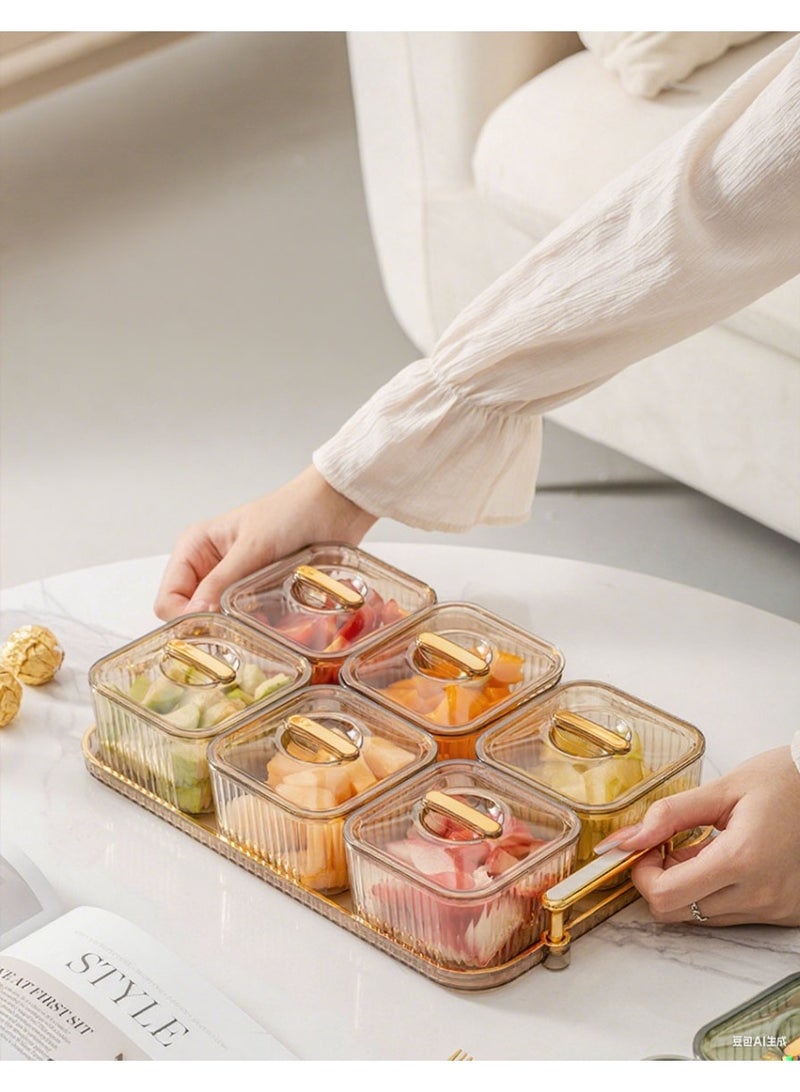 هومستر وجبة خفيفة تخدم علبة مع غطاء، 6 قطع واضحة خدمة حاوية مجموعة مع رف معدني، وعاء عرض الأغذية البلاستيكية، لوحة منظم التخزين للحلوى، الفواكه، الغمر، الحلوى، الذهب - Image 2