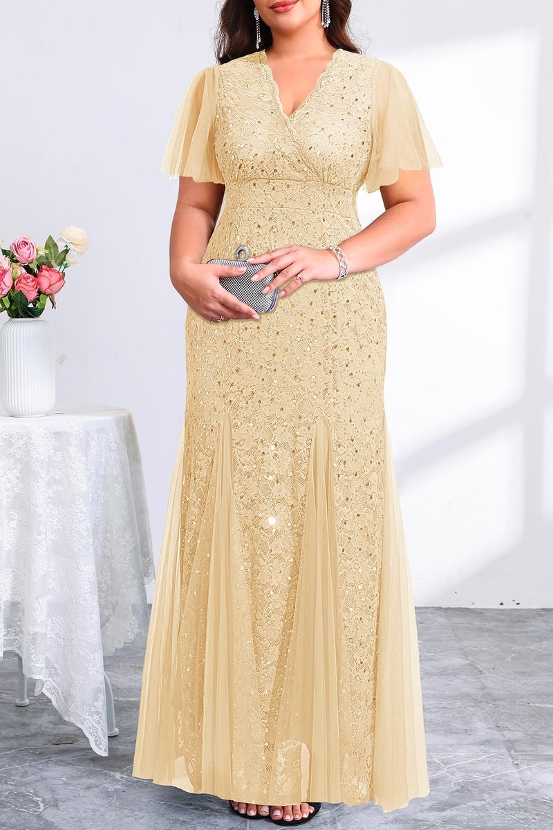 Talisea Champagne Dress for Women Plus Size Formal Gowns Gold Sequin Bridesmaid Mother of The Bride Wedding Guest Long Dress - Image 3