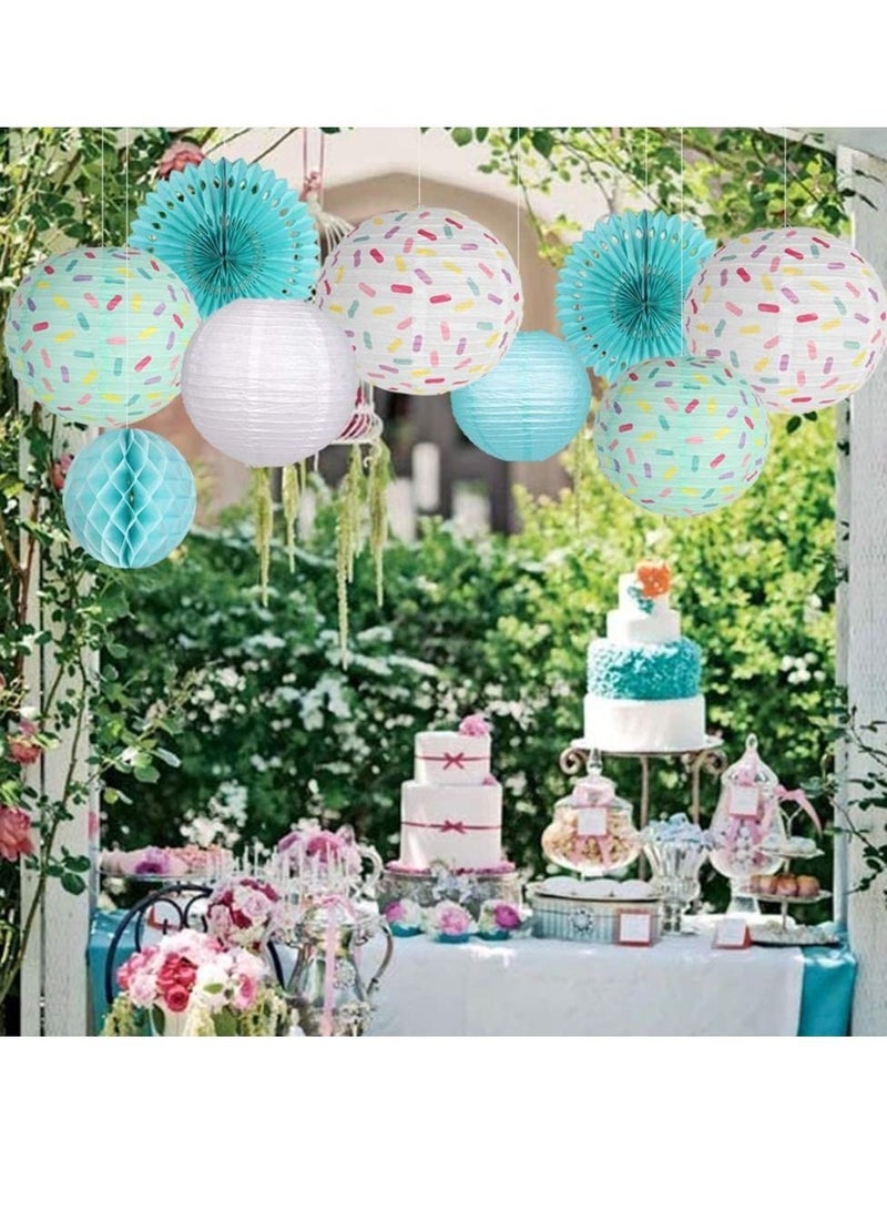 Loquat Donut Birthday Party Decorations, 9Pcs Supplies Lanterns Paper Fan Honeycomb Ball Hanging for Baby Shower Kids Ice Cream Decorations (Blue) - Image 3