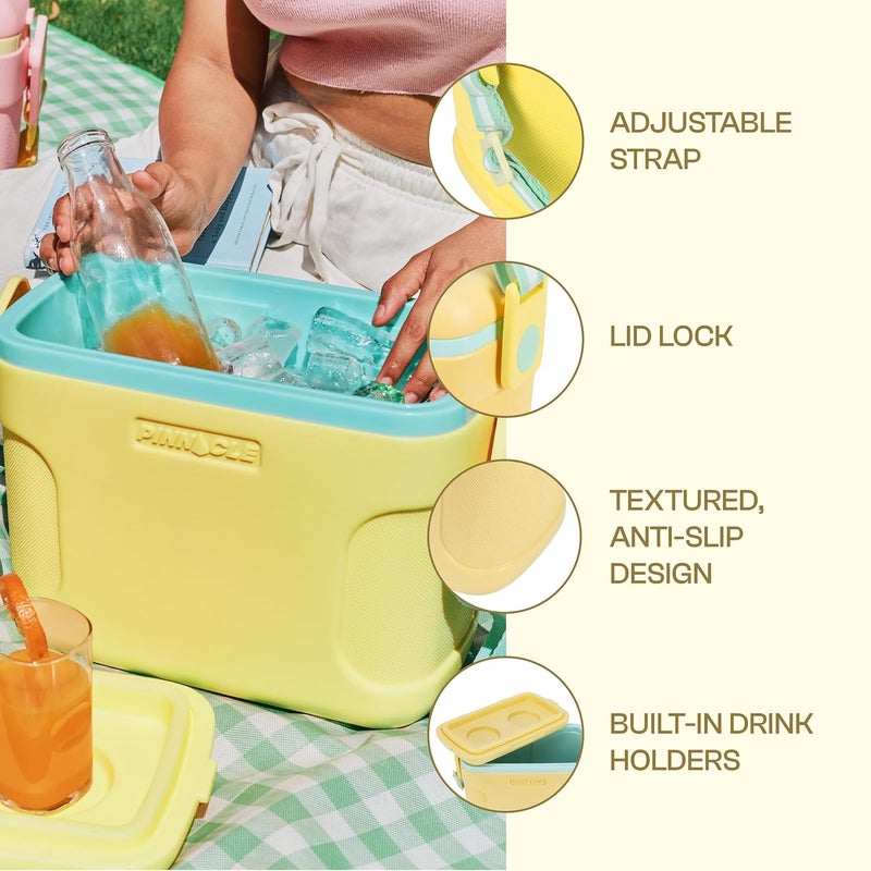 PINNACLE صندوق ثلج Passion سعة 8 لتر | يتسع لـ 12 علبة | يحتفظ بالثلج حتى 36 ساعة | أحزمة قابلة للتعديل، قفل غطاء وحامل مشروبات | صندوق ثلج محمول معزول للنزهات، السفر بالسيارة، الحفلات (أصفر) - Image 4