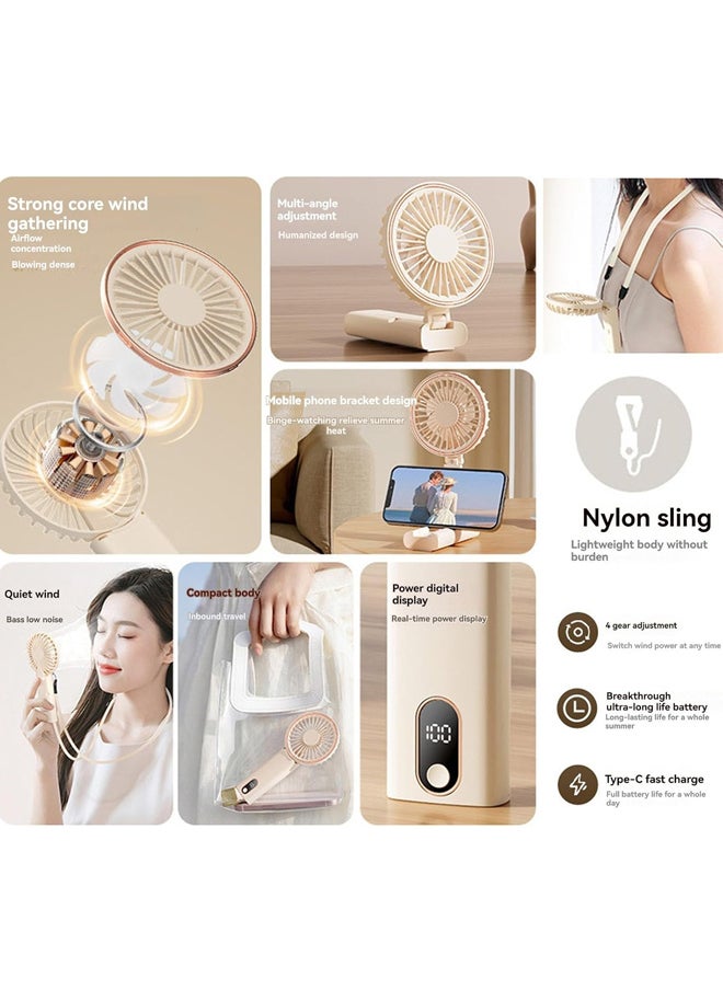 Mini Handheld Fan,  Foldable Portable Handheld Fan ,Trilobal Powerful Handheld Fan,  4 Speed Adjustable, Display Electricity in Real Time for Office Desk，Lightweight Rechargeable Fan for  for Home , Travel, Commute, Office (Mini-White)