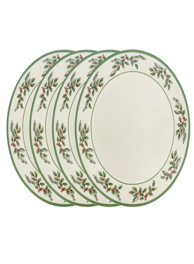 Spode Christmas Tree Holly Dinner Plates, Set of 4-10 Inch Stoneware with White Center & Holly Accents - Festive Holiday Tableware, Microwave, Dishwasher & Freezer Safe, Seasonal Dining Essentials - Image 1