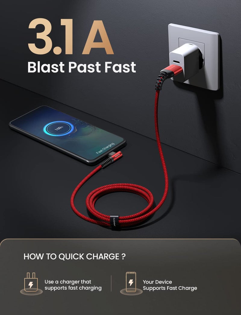 AINOPE USB C Cord 3.1A Fast Charge, [2-Pack, 6.6ft] Type C Charging Cable Right Angle, Resistant Nylon Braided USB-A to USB-C Charge Compatible Galaxy S10 S9 S8 Plus S21, V30,V20,G6, Type C Charger - Image 5