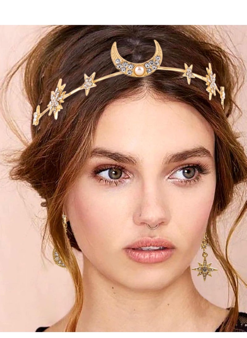 KASTWAVE 8 Pcs Moon Stars Crowns Headpiece Crown Drop Earrings Gold Headband Tiaras and Crowns for Women Boho Wedding Costume Headpiece Jewelrylry - Image 3