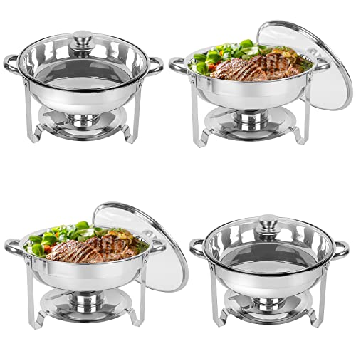 IMACONE Chafing Dish Buffet Set 4 Pack, 5QT Round Stainless Steel Chafer for Catering in Glass Lid, Chafers and Buffet Warmer Sets w/Food & Water Pan, Lid, Frame, Fuel Holder for Event Party Holiday - Image 1