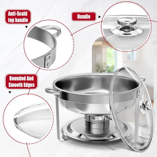 IMACONE Chafing Dish Buffet Set 4 Pack, 5QT Round Stainless Steel Chafer for Catering in Glass Lid, Chafers and Buffet Warmer Sets w/Food & Water Pan, Lid, Frame, Fuel Holder for Event Party Holiday - Image 3