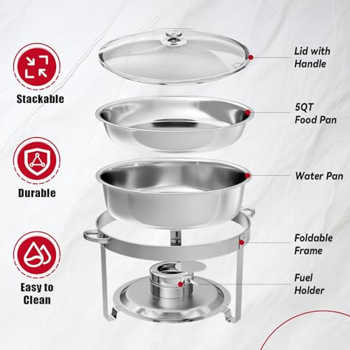 IMACONE Chafing Dish Buffet Set 4 Pack, 5QT Round Stainless Steel Chafer for Catering in Glass Lid, Chafers and Buffet Warmer Sets w/Food & Water Pan, Lid, Frame, Fuel Holder for Event Party Holiday - Image 4