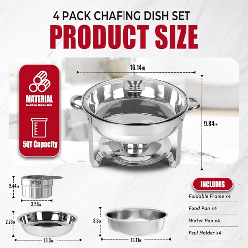 IMACONE Chafing Dish Buffet Set 4 Pack, 5QT Round Stainless Steel Chafer for Catering in Glass Lid, Chafers and Buffet Warmer Sets w/Food & Water Pan, Lid, Frame, Fuel Holder for Event Party Holiday - Image 2