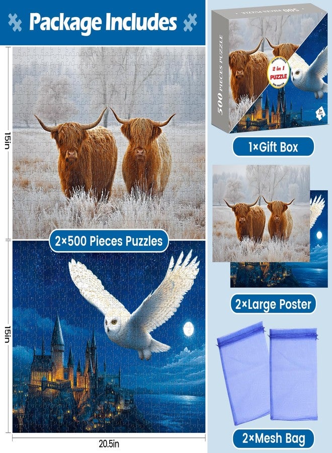 WSCXSC 2 Pack 500 Pieces Puzzles for Adults,Yak Animal Jigsaw Puzzles 500 Pieces,Owl Castle Adult Puzzles for Adults 500 Pieces Puzzle with Letters on Back Colorful Challenging Puzzles Family Game Gift - Image 3