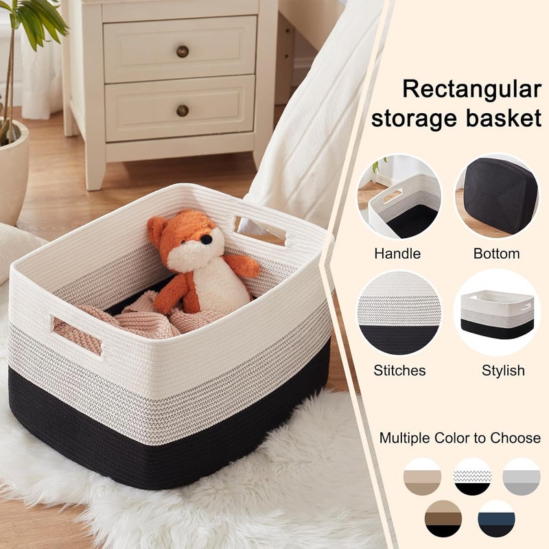 OIAHOMY Large Cotton Rope Basket, Rectangle Woven Baskets for Storage, Nursery Blanket Basket Living Room, Toy Basket With Handle, Large Baskets for Organizing-22”x17”x12”-Gradient Black - Image 5