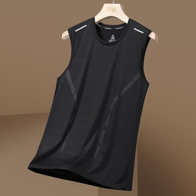 Summer Quick-drying Ice Silk Vest Mens Cut-off Sleeve Mesh Sleeveless T-shirt plus size Mens Loose Hurdle Sports Crosssleeve Top Pure black [vest side pole style] 