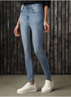 HIGH STAR Women Jeans in Blue featuring Skinny fit fit with a washed pattern, regular length, secured with button closure, crafted from cotton – crafted for those who appreciate style and comfort.  - Image 3