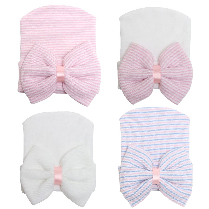 DRESHOW BQUBO 4 Pack Newborn Hospital Hat Infant Baby Hat Cap with Big Bow Soft Cute Knot Nursery Beanie