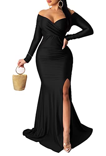 Vakkest Formal Long Sleeve Evening Dress Solid Color Prom Gown Front Split Wedding Party Maxi Dress - Image 1