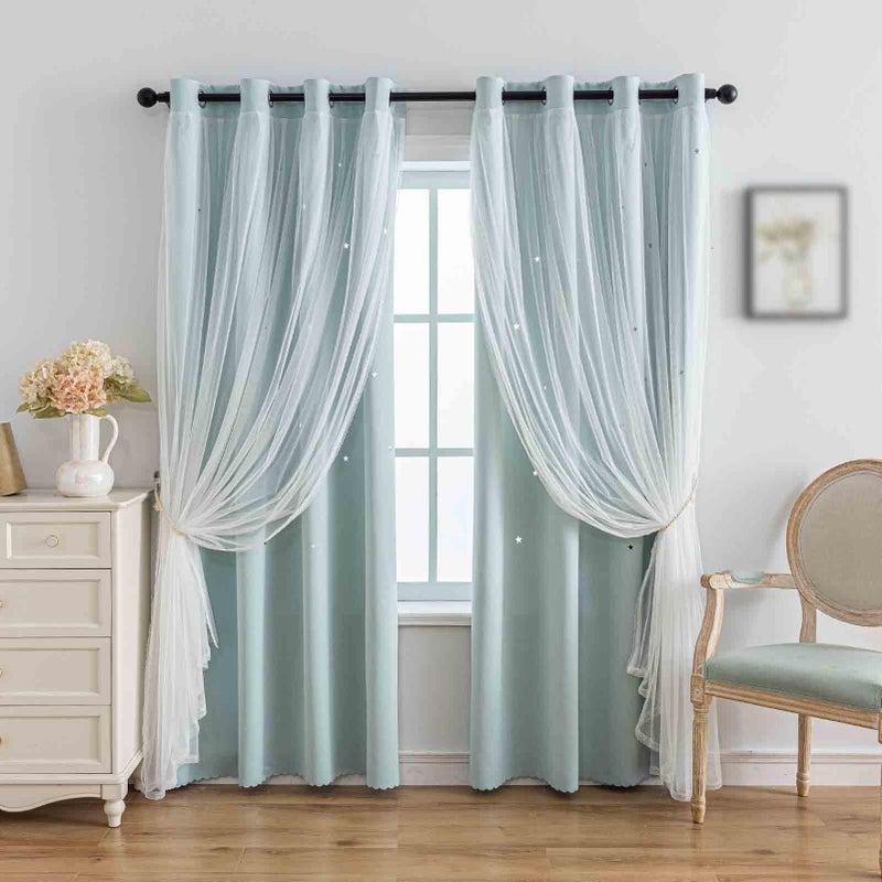 Anytime Romantic Kids Curtain,Hollow-Out Stars Window Curtain Double Layer Blackout Curtains for Girls Bedroom Kids Room 2Panel,(W52 x L63,Light Blue) - Image 1