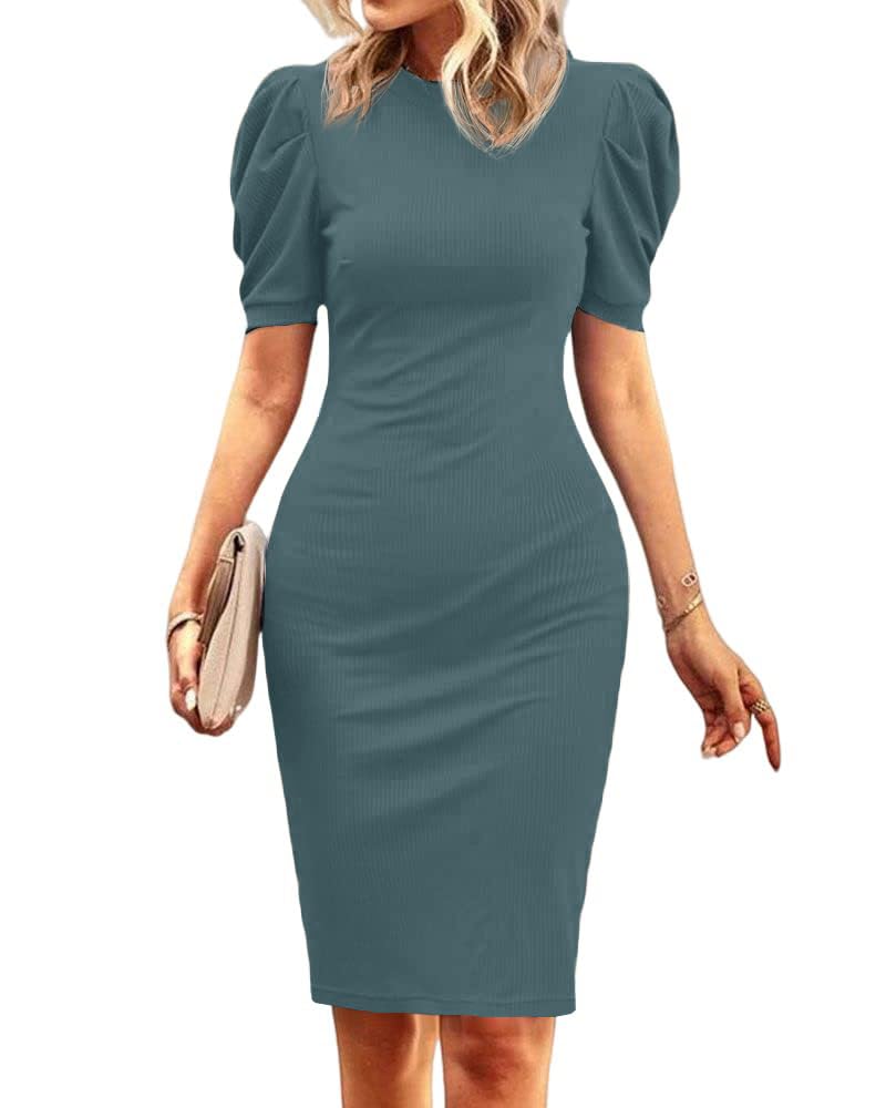 Cicy Bell Women's Puff Sleeve Bodycon Work Dresses Crew Neck Business Casual Office Pencil Dress Blue - Image 2