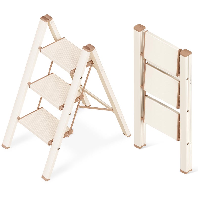 GameGem 3 Step Ladder Aluminum Folding Step Stool with AntiSlip Sturdy and Wide Pedal Lightweight Portable Stepladder for Home and Kitchen Use Space Saving 330 lbs Chocolate White