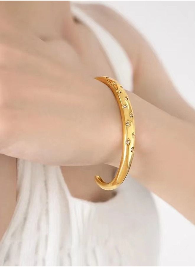 GROWSTEADY - Fashion Jewelry 18K Gold Plated Stainless Steel Chunky Twist Gold Bangle Star CZ Inlay Gold C-shaped Bracelet - Image 1