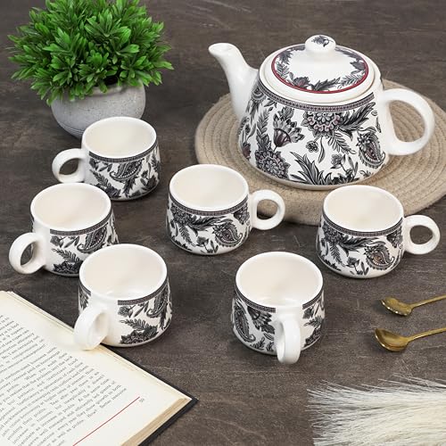 CRAF10 Handcrafted Ceramic Stylo Black Teapot Cup Set - 1 Kettle (1 Litre) & 6 Cups (160 ML), Microwave & Dishwasher Safe | Morning Set | Tea Sets with Kettle for Gifting - Image 1