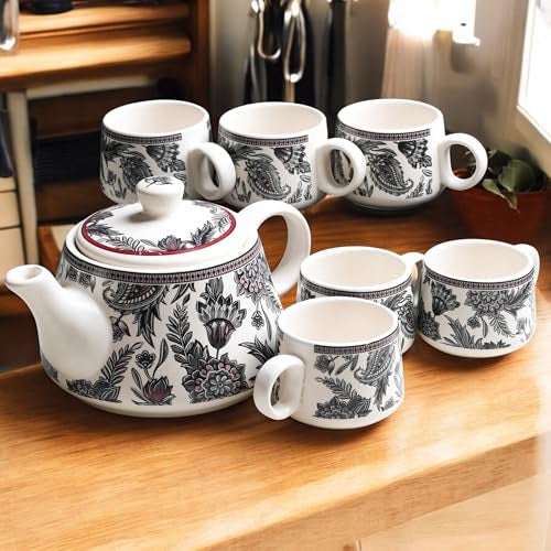 CRAF10 Handcrafted Ceramic Stylo Black Teapot Cup Set - 1 Kettle (1 Litre) & 6 Cups (160 ML), Microwave & Dishwasher Safe | Morning Set | Tea Sets with Kettle for Gifting - Image 2