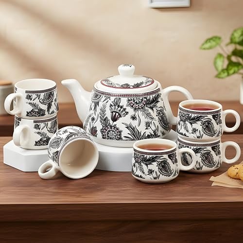 CRAF10 Handcrafted Ceramic Stylo Black Teapot Cup Set - 1 Kettle (1 Litre) & 6 Cups (160 ML), Microwave & Dishwasher Safe | Morning Set | Tea Sets with Kettle for Gifting - Image 3