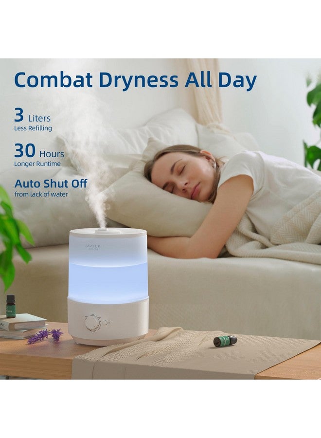 ASAKUKI ASAKUKI Humidifiers for Bedroom, 3L Top Fill Cool Mist Humidifiers for Baby Nursery & Plants, 3-IN-1 Quiet Air Humidifier, Oil Diffuser & Night Light for Large Room Home, Auto Shut-off, BPA-Free, 30H - Image 2