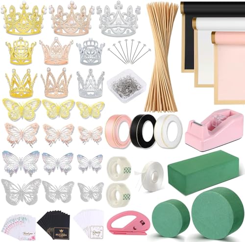 Majreey Floral Wrapping Paper Kit 60Sheet Waterproof Floral Paper 3Rolls Ribbon for Flower Bouquet 2Rolls Transparent Tape100Pcs Flower Pins 48Pcs 3D Butterflies 9Pcs Crowns 3 Floral Foam Blocks - Image 1