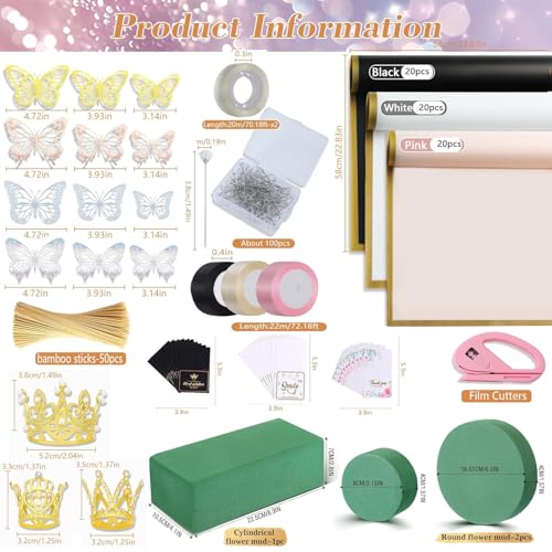 Majreey Floral Wrapping Paper Kit 60Sheet Waterproof Floral Paper 3Rolls Ribbon for Flower Bouquet 2Rolls Transparent Tape100Pcs Flower Pins 48Pcs 3D Butterflies 9Pcs Crowns 3 Floral Foam Blocks - Image 3