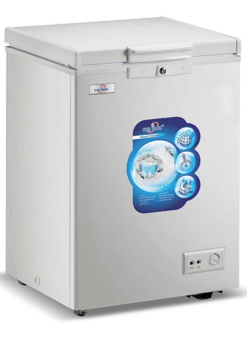 STAR TRACK STAR TRACK Chest Freezer 150L ST-CFW-150L | Deep Freezer with Sliding Glass Door, Manual Defrost, -18°C Cooling | Outside Condenser | 1 Plastic Basket | White, Hinged Door | R600a | 220V 50Hz  - Image 1