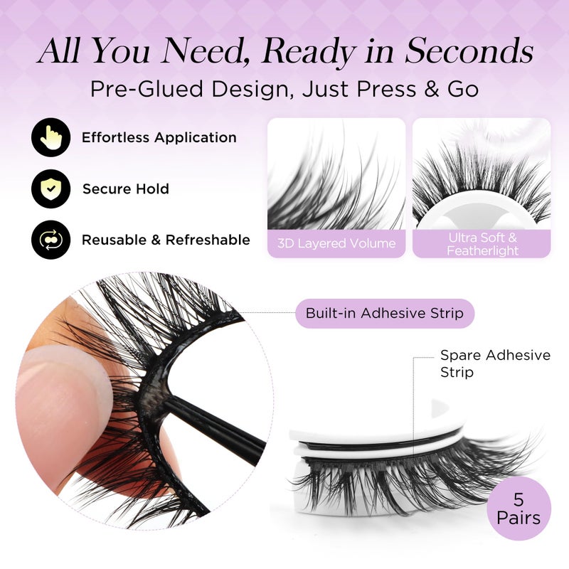 BEYELIAN Self Adhesive Eyelashes Natural Look, Pre Glued Wispy False Lashes No Glue Required, Faux Mink Eyelashes 5 Pairs ZCV-189 - Image 2