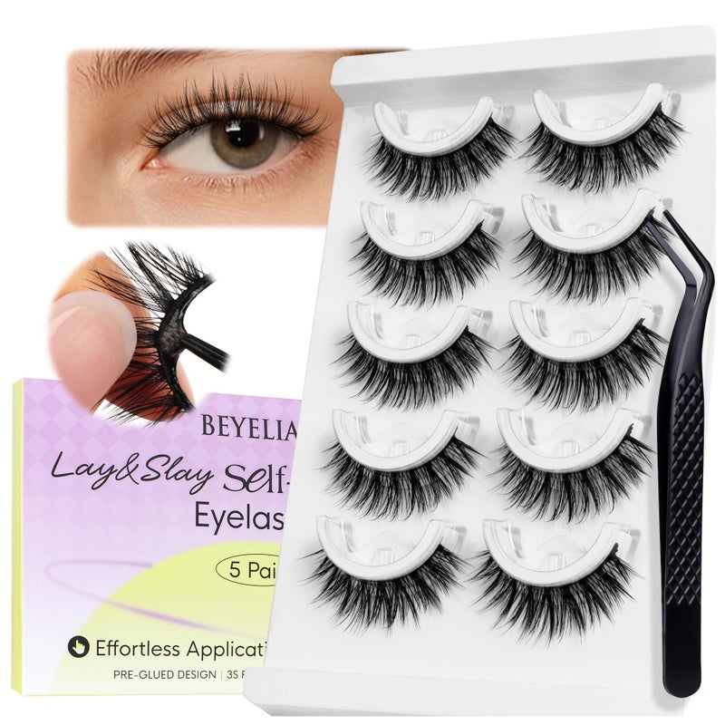 BEYELIAN Self Adhesive Eyelashes Natural Look, Pre Glued Wispy False Lashes No Glue Required, Faux Mink Eyelashes 5 Pairs ZCV-189 - Image 1