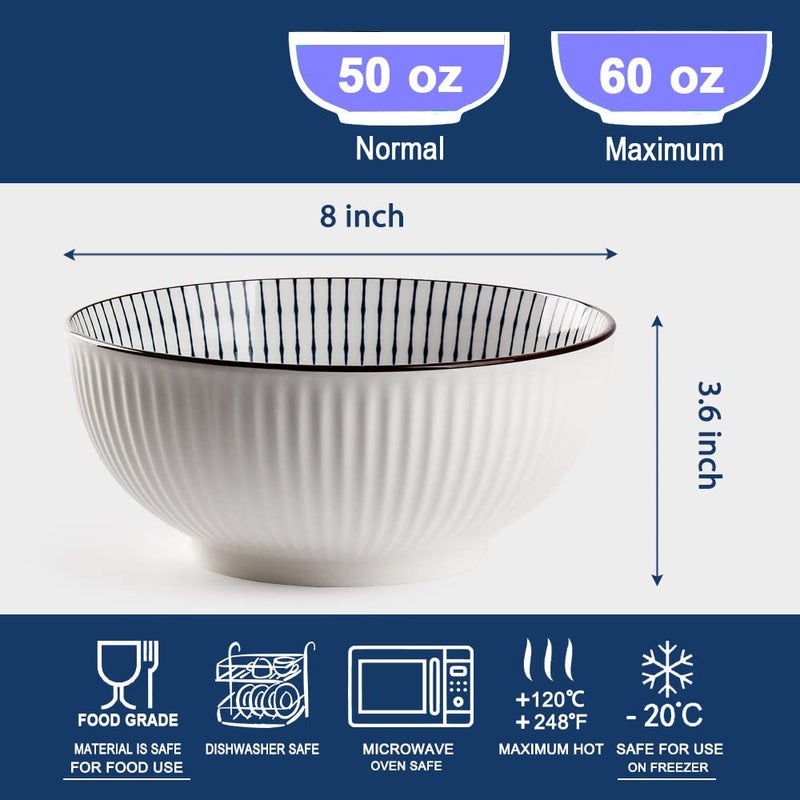 Hesen 60 oz Large Soup Bowl, Pho Bowls, Japanese Ramen Bowl Set, Big Porcelain Bowls Set of 3, 8 inches, Stripe Pattern - Image 2