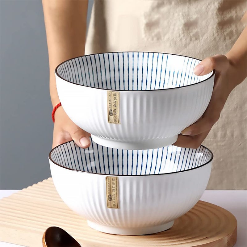 Hesen 60 oz Large Soup Bowl, Pho Bowls, Japanese Ramen Bowl Set, Big Porcelain Bowls Set of 3, 8 inches, Stripe Pattern - Image 5