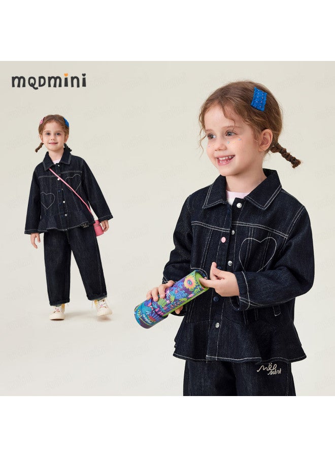 Mqdmini [fade-resistant] Girls' Denim Jacket Children's Casual Fashion Versatile Petal Heart - Image 1