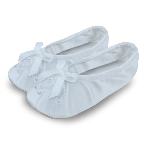 isotoner girls Satin Ballerina With Embroidered Pearl Ballet Flat, White, 13-1 Little Kid US - Image 3
