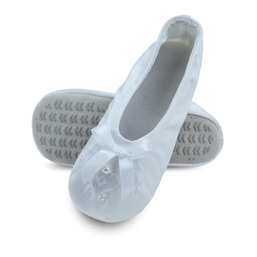 isotoner girls Satin Ballerina With Embroidered Pearl Ballet Flat, White, 13-1 Little Kid US - Image 4