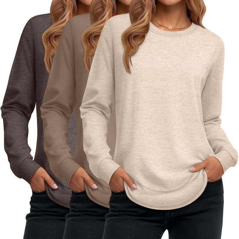 Ficerd 3 Pack Women's Long Sleeve Shirts, Cotton Crew Neck Tunic Tops Casual Loose Fit Pullover Sweatshirts Curved Hem Shirts(Dark Brown, Coffee, Apricot,Medium) - Image 1