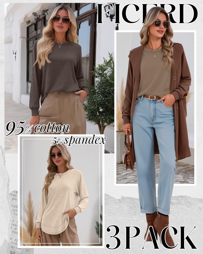 Ficerd 3 Pack Women's Long Sleeve Shirts, Cotton Crew Neck Tunic Tops Casual Loose Fit Pullover Sweatshirts Curved Hem Shirts(Dark Brown, Coffee, Apricot,Medium) - Image 2