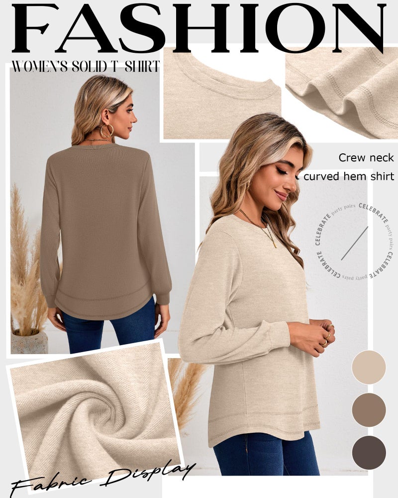 Ficerd 3 Pack Women's Long Sleeve Shirts, Cotton Crew Neck Tunic Tops Casual Loose Fit Pullover Sweatshirts Curved Hem Shirts(Dark Brown, Coffee, Apricot,Medium) - Image 4