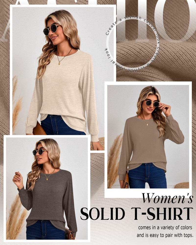 Ficerd 3 Pack Women's Long Sleeve Shirts, Cotton Crew Neck Tunic Tops Casual Loose Fit Pullover Sweatshirts Curved Hem Shirts(Dark Brown, Coffee, Apricot,Medium) - Image 5