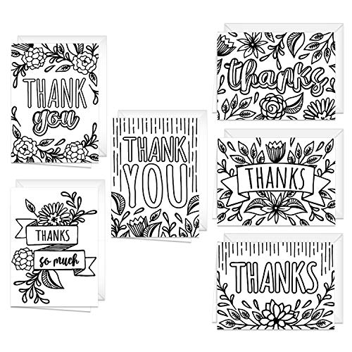 Canopy Street Thank You Coloring Note Cards / 24 Color Yourself Grateful Cards With Envelopes / 6 Floral Appreciation Designs / 3 1/2" x 4 7/8" Black White Coloring Gratitude Notes - Image 1