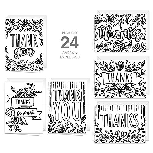 Canopy Street Thank You Coloring Note Cards / 24 Color Yourself Grateful Cards With Envelopes / 6 Floral Appreciation Designs / 3 1/2" x 4 7/8" Black White Coloring Gratitude Notes - Image 4