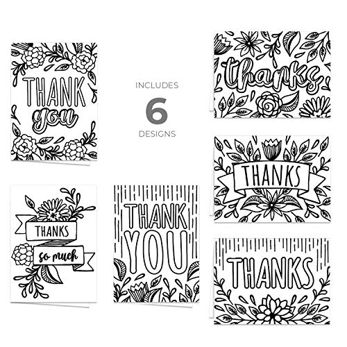 Canopy Street Thank You Coloring Note Cards / 24 Color Yourself Grateful Cards With Envelopes / 6 Floral Appreciation Designs / 3 1/2" x 4 7/8" Black White Coloring Gratitude Notes - Image 5