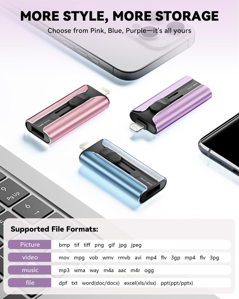 ROSPE MFi Certified 256GB Flash Drive for iPhone USB Memory Stick Thumb Drive, High Speed USB Stick iPhone Flash Drive for Photos Videos,Photo Stick External Storage for iPhone/iPad/Android/PC (Purple) - Image 5