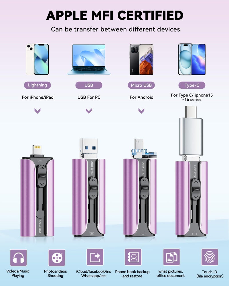 ROSPE MFi Certified 256GB Flash Drive for iPhone USB Memory Stick Thumb Drive, High Speed USB Stick iPhone Flash Drive for Photos Videos,Photo Stick External Storage for iPhone/iPad/Android/PC (Purple) - Image 2