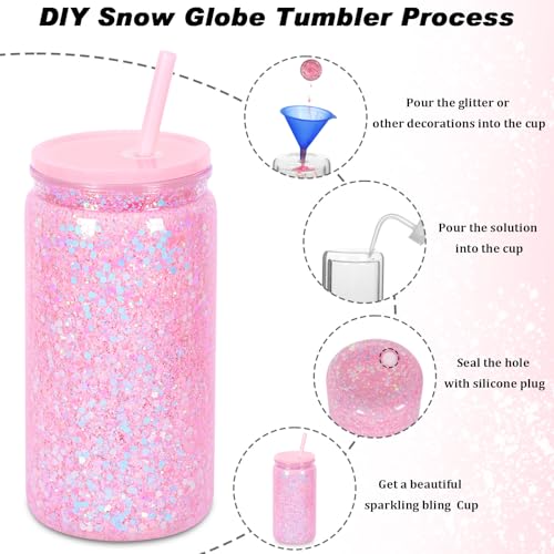 Micellwuu 16 oz Plastic Snow Globe Tumbler, 4 Pack Double Wall Snowglobe Tumbler with Pre Drilled Hole, Plastic Mason Jar Cups Can for Snow Globe Glitter DIY ( Mixed Colors ) - Image 3