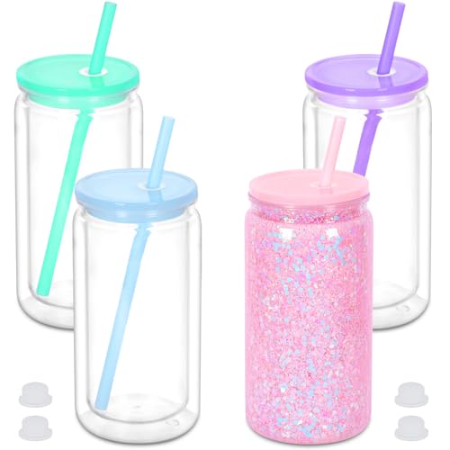 Micellwuu 16 oz Plastic Snow Globe Tumbler, 4 Pack Double Wall Snowglobe Tumbler with Pre Drilled Hole, Plastic Mason Jar Cups Can for Snow Globe Glitter DIY ( Mixed Colors ) - Image 1