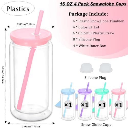 Micellwuu 16 oz Plastic Snow Globe Tumbler, 4 Pack Double Wall Snowglobe Tumbler with Pre Drilled Hole, Plastic Mason Jar Cups Can for Snow Globe Glitter DIY ( Mixed Colors ) - Image 2